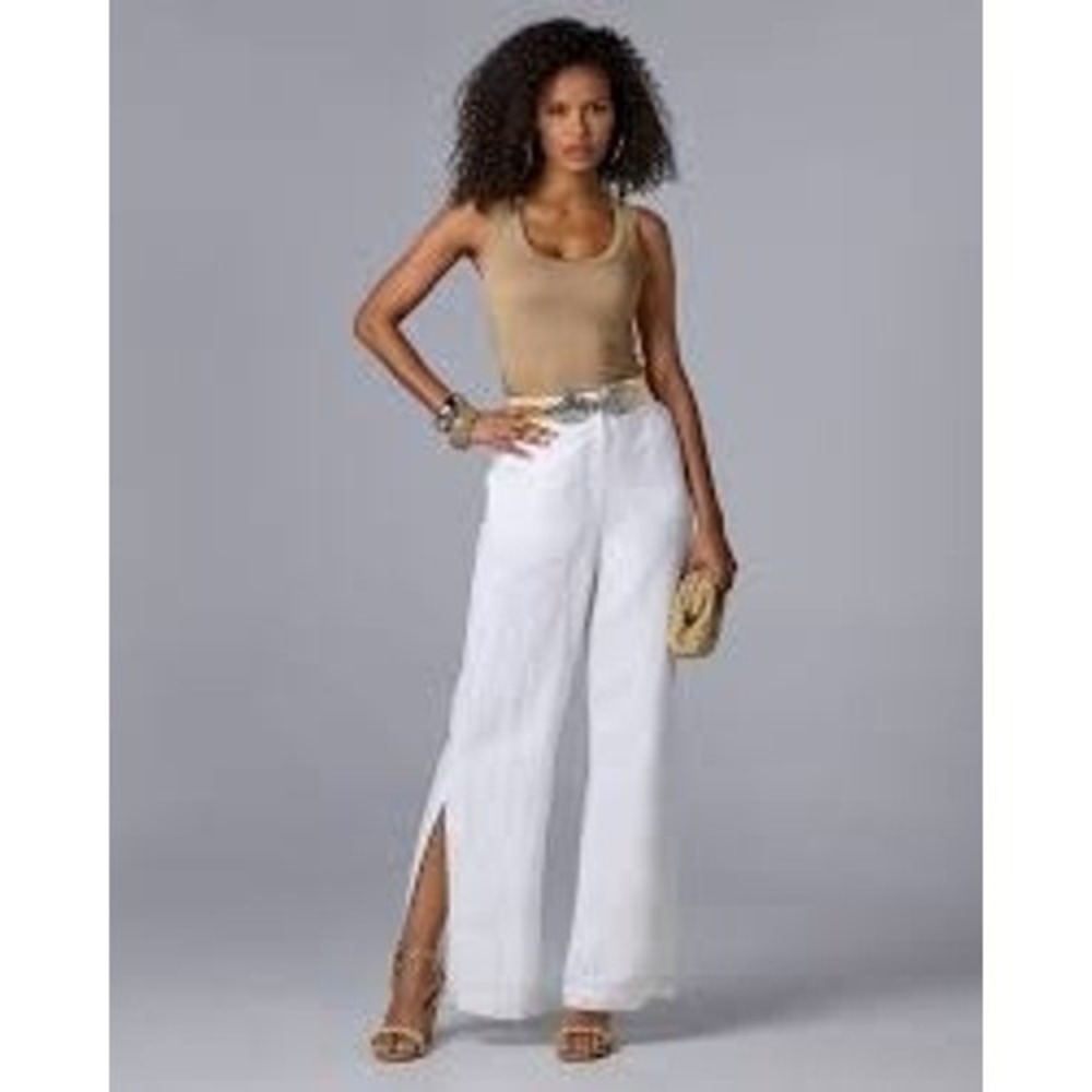 Boston Proper Linen Spilt Leg Pants Womens 6 White Wide Lagenlook Travel Flax